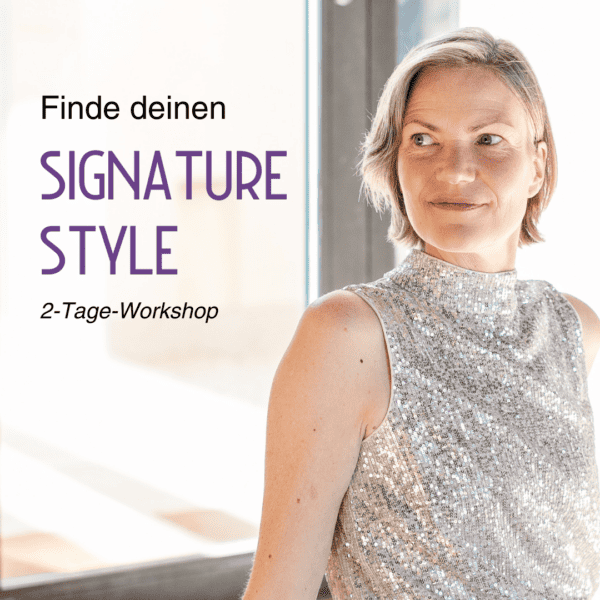 Signature Style Workshop. Frau im Kleid und Beschriftung.